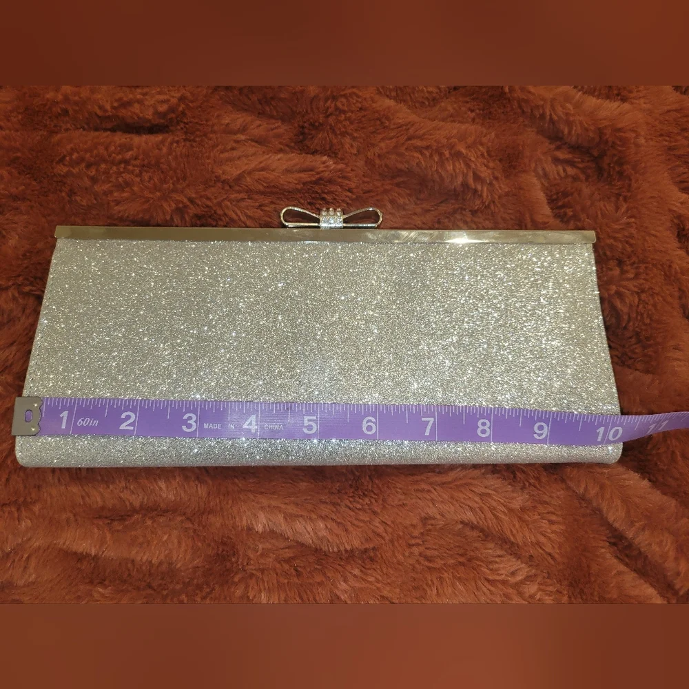 I.N.C. Carolyn Glitter Clutch Rhinestone Bow Glitter Silver